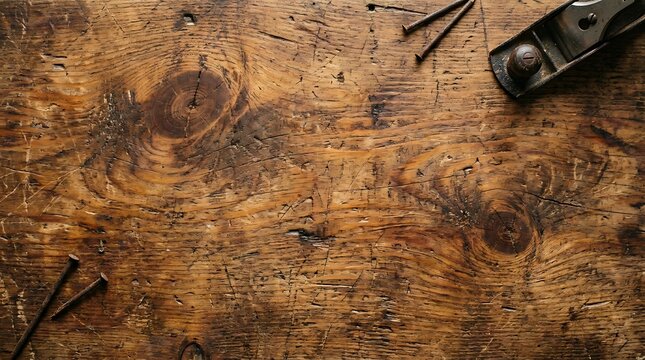Old wooden workbench texture with rusty nails and vintage hand plane for carpentry and woodworking projects background