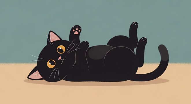 Adorable Black Cat Lying on its Back with Paws Up, Playful and Cute Feline Pet.