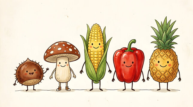 Cute anthropomorphic vegetables and fruits standing in a row with smiling faces