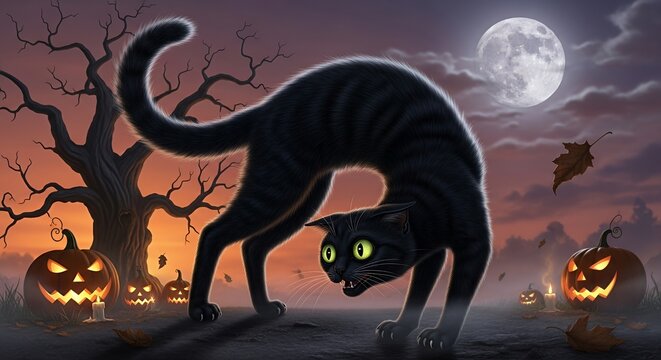 Black Cat Arches Back Under Full Moon on Halloween Night with Jack-o-Lanterns.