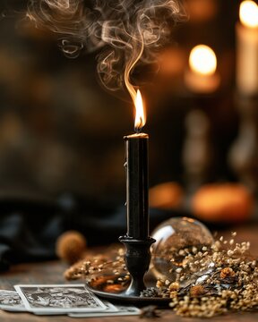 Mystical Black Candle with Smoke, Tarot Cards and Crystal Ball in Dark Halloween Atmosphere