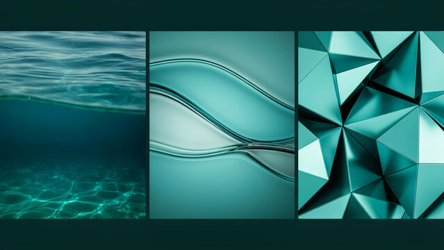 Teal colored water surface, abstract liquid waves, and geometric metallic facets