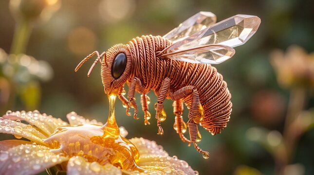 Copper wire bee sculpture drinking golden nectar on flower