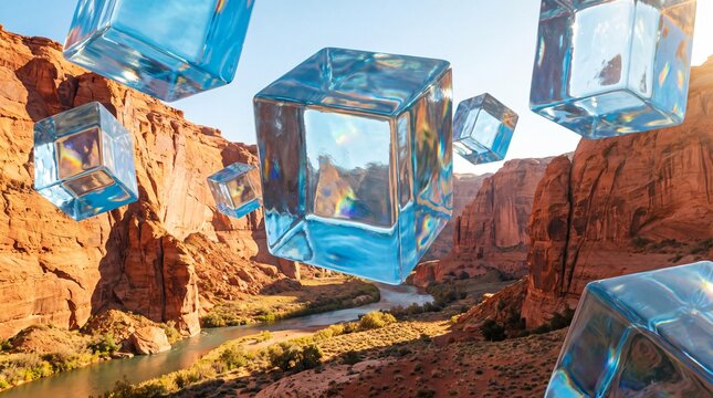 Surreal floating glass cubes over red rock canyon landscape