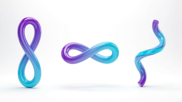 Three abstract 3D shapes with gradient blue and purple colors on white background