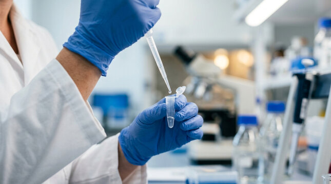 Scientist in blue gloves conducting research with pipette and test tube in lab
