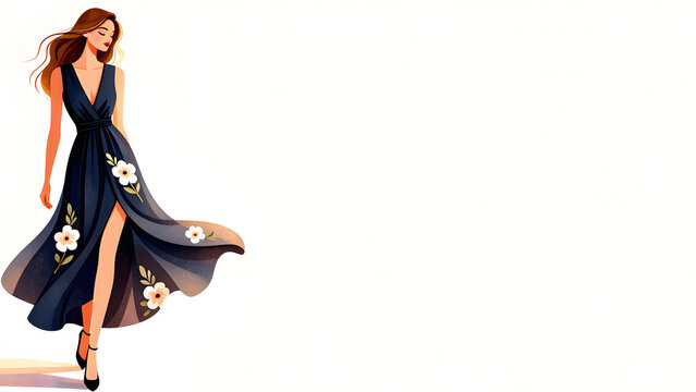 Elegant Woman in Flowing Gown: A stylish woman with flowing brown hair poses gracefully in a navy blue, sleeveless, floor-length gown adorned with delicate white floral patterns and a thigh-high slit.