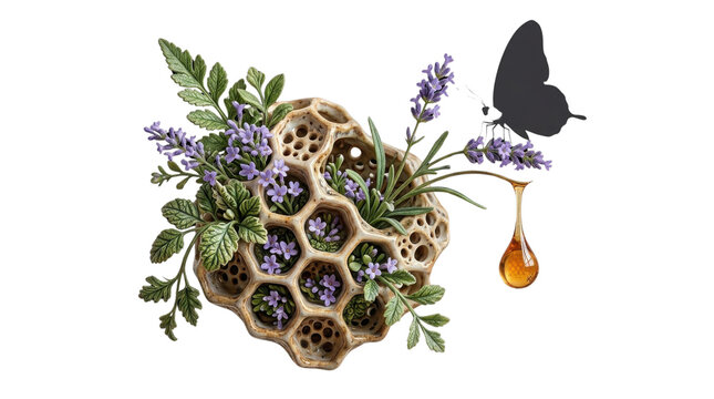 Natural honeycomb sculpture with blooming lavender and butterfly, organic bee hive texture with honey drop, botanical garden floral arrangement on white