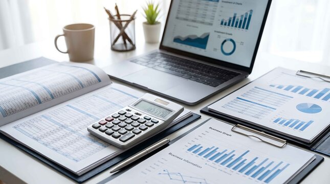 Professional financial accounting workspace featuring a modern laptop and calculator documents placed carefully on white background