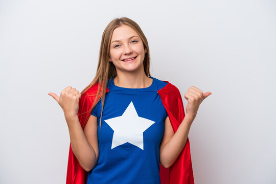 Super Hero Russian woman isolated on white background with thumbs up gesture and smiling