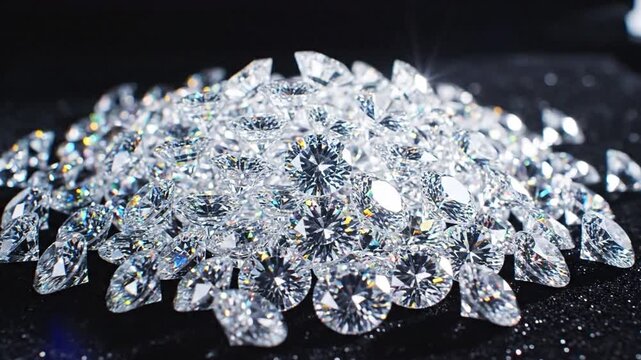 Brilliant round cut diamonds scattering across a black glittery background in slow motion