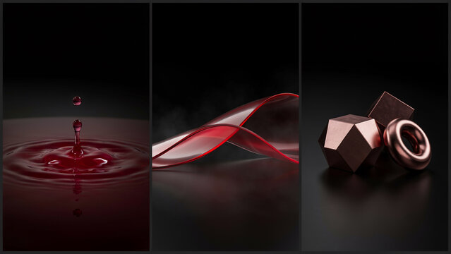 Three abstract compositions featuring a red water drop, a red glass ribbon, and copper shapes