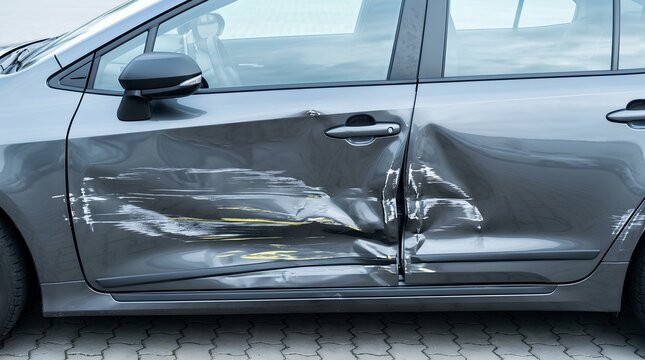 Dented Car Side Panels with Heavy Scratches from Collision &ndash; Auto Insurance Claim Layout Banner
