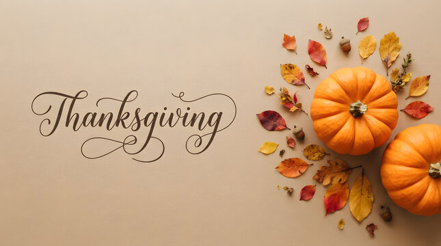 Thanksgiving day still life with pumpkins and colorful autumn leaves on beige background