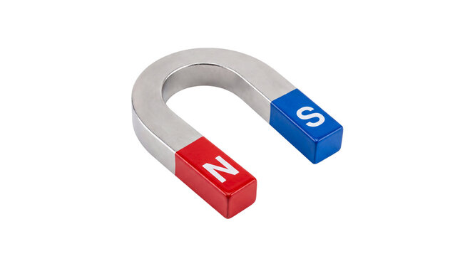 Horseshoe magnet with red and blue poles, classic U-shaped metal magnet for science education, magnetic force and physics concept isolated PNG with Transparent Background