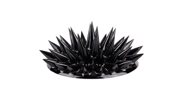 Black ferrofluid magnetic sculpture with sharp spikes, glossy liquid metal spikes in magnetic field, dark ferrofluid abstract art for science and technology isolated PNG with Transparent