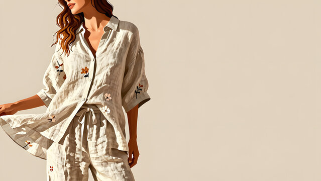 Linen Pajama Elegance: A woman models a light linen pajama set with delicate floral embroidery, exuding relaxed sophistication and effortless comfort in a warm, sunlit setting.