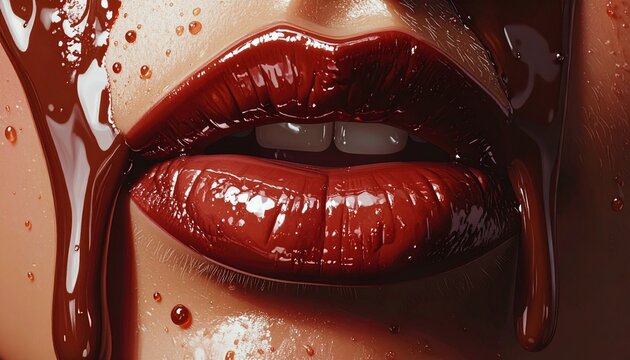 Womans Lips with Chocolate Syrup Closeup.