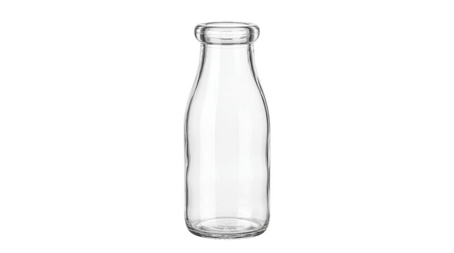 Vintage glass milk bottle, empty transparent dairy carafe, classic clear glass container for beverage packaging and product mockup isolated PNG with Transparent Background