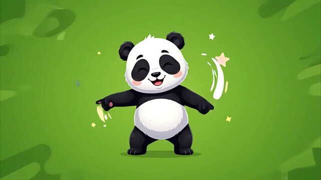 Cute Cartoon Panda Character Waving and Dancing on Green Background