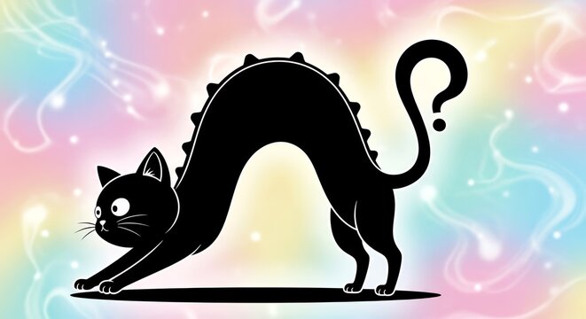 Black Cat Stretching with Arched Back and Question Mark Tail on Rainbow Background.