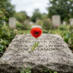 Obraz premium Single Red Poppy Flower Growing on a Gravestone in a Cemetery.
