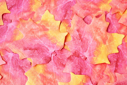 Top view of multicolor paper napkin background in the shape of a plane tree leaf.