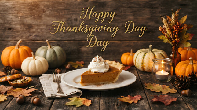 Festive thanksgiving day still life with pumpkin pie and autumn decorations