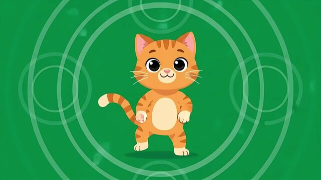 Cute ginger cat character standing with happy expression on green background with circular pattern vector illustration