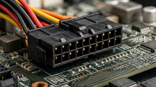 Computer Power Supply Connector on Motherboard - Technology Macro Shot