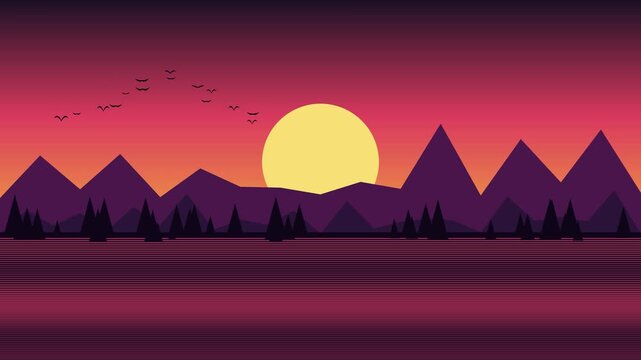 Retro Synthwave Sunset Over Mountains Animated Background