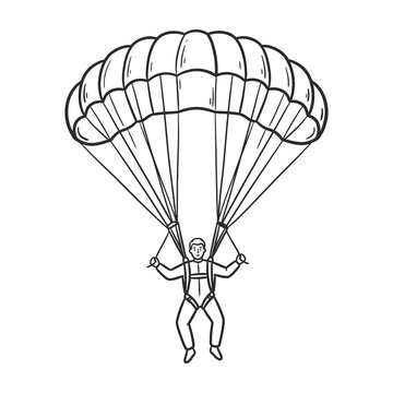 Parachutist descending with open canopy parachute in a black and white line style