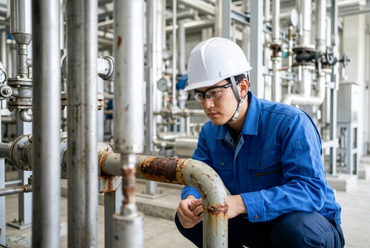 錆びた配管を点検する日本人男性作業員の設備保全｜腐食・劣化・工場メンテナンスのシーン