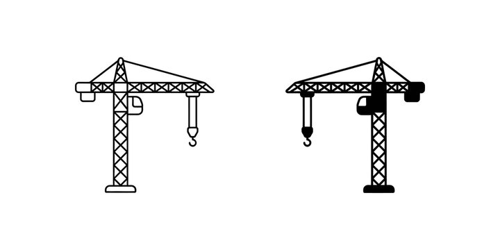 Industrial tower crane icon set featuring solid black and outline styles for construction site branding.