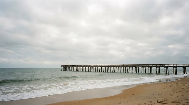 Long wooden fishing pier stretching over calm ocean waves toward horizon under dramatic overcast cloudy sky above sandy beach