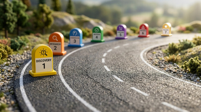 Roadmap milestones: discovery, research, planning, execution, feedback, growth, success