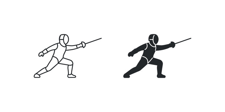Fencing athlete silhouette and line art icons for sports activity training and competitive martial arts.