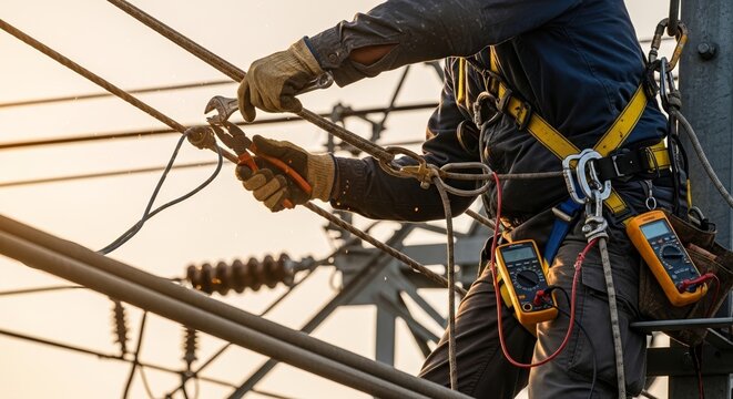 Male electrical technician working on power lines while using tools for maintenance and safety checks. The technician is equipped with gear for high-voltage work,
