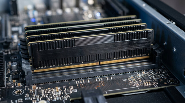 Computer RAM modules installed on motherboard, technology background, close-up