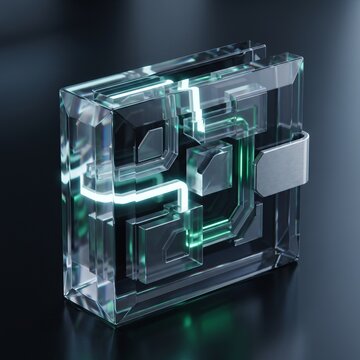 Transparent glass cryptocurrency wallet device with glowing green light circuits and metallic latch