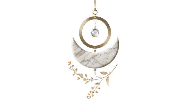 Celestial moon suncatcher with marble crescent and gold ring, elegant hanging wall decor, mystical bohemian home accessory on white background