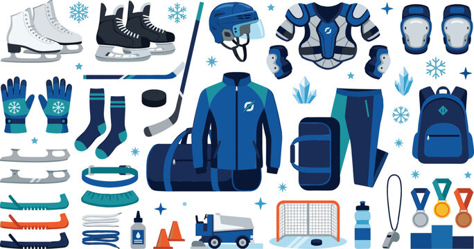 Ice skating sports equipment vector icon set with skates helmet jersey pads goal bag and training elements