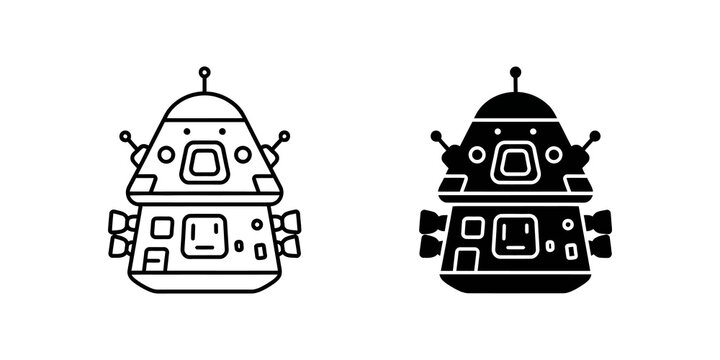 Robot head cartoon flat icons collection in outline and solid styles for futuristic tech and science fiction projects.