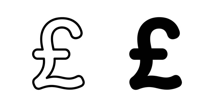British pound sterling currency symbol flat icons in black outline and solid styles for financial web design.