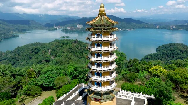 An aerial view of the Cien Pagoda and Sun Moon Lake.