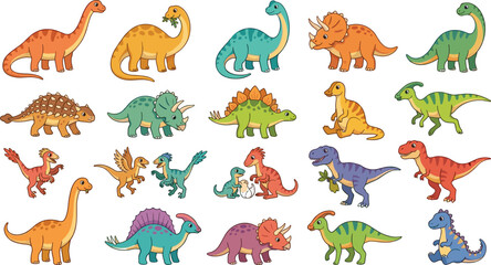 Obraz premium Cute dinosaur cartoon vector illustration set featuring funny prehistoric characters including tyrannosaurus rex triceratops brachiosaurus and stegosaurus cliparts