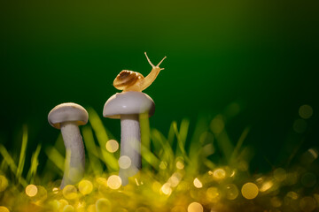 Tiny snail exploring the top of a mushroom with raised tentacles, beautifully backlit above glowing grass and dreamy bokeh in a magical miniature nature scene © Fauzan Maududdin