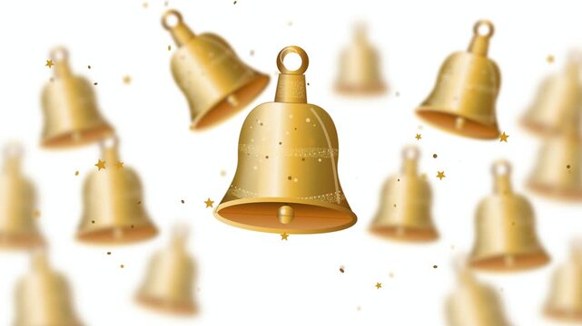 Golden Bells Floating Animation, Festive Decorative Background, Holiday Celebration Graphics, Christmas Ornament, New Year Celebration, Animated Bell Decorations, Sparkling Stars