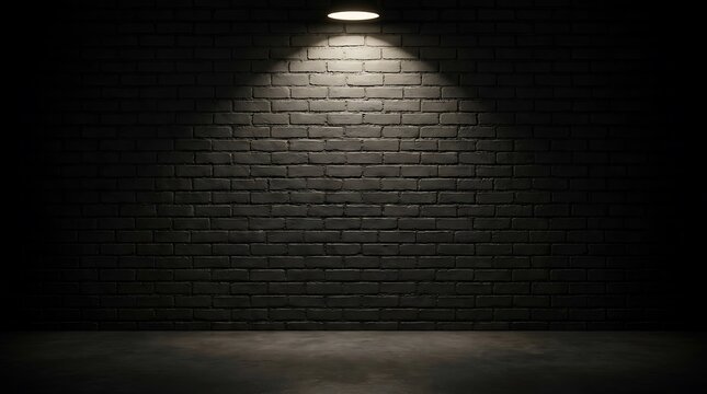 Dark brick wall illuminated by a single overhead spotlight creating a dramatic moody atmosphere for product display