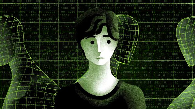 man perceiving reality as a simulation and seeing the code controlling npc characters